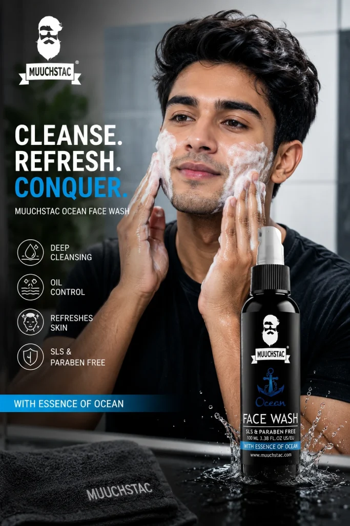 Muuchstac Ocean Face Wash for Men being used by a man for deep cleansing, oil control and refreshed skin in Bangladesh