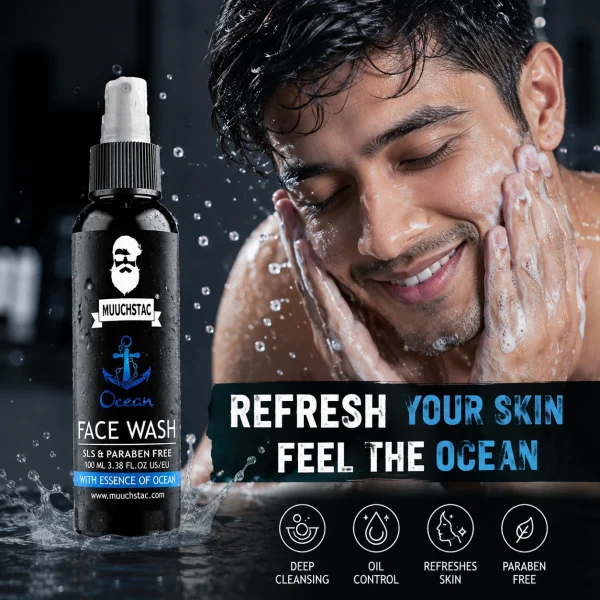 Man using Muuchstac Ocean Facewash for deep cleansing, oil control and refreshed skin in Bangladesh